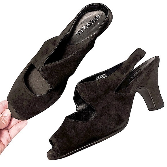 Vintage Shoes - Vintage Aerosoles Velvet High Heels Peep Toe Slingback Wedges Size 10W Black